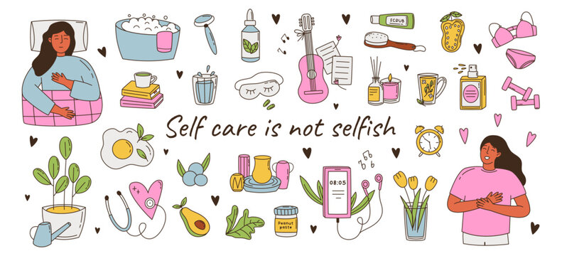 Self care doodle elements set
