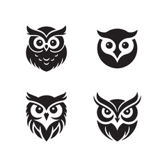 Owl bird black solid silhouette bundle isolated on white background, clip art logo icon set