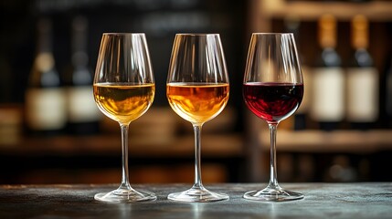 Elegant arrangement of three wine glasses on a table set for a social gathering in a cozy atmosphere