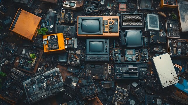 Pile of vintage old televisions stacked together in a chaotic arrangement evoking nostalgia and technological evolution