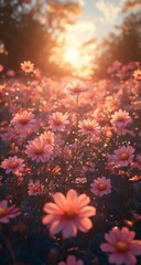Sunset Cosmos Field Mobile Background
