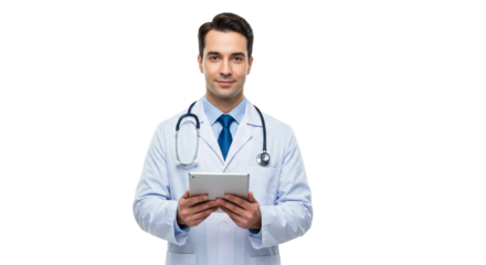 Friendly Male Doctor Using a Tablet for Medical Consultation on Transparent Background