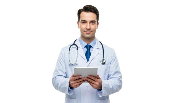 Friendly Male Doctor Using a Tablet for Medical Consultation on Transparent Background