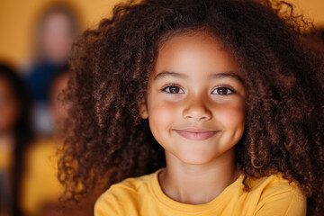 Smiling Child in Yellow T Shirt with Curly Hair and Joyful Expression