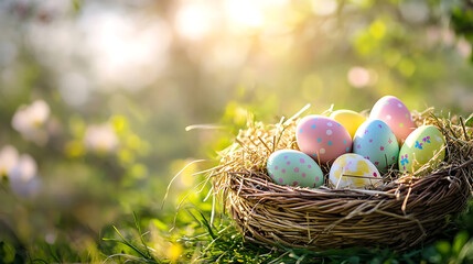 Obraz premium Colorful easter eggs in a nest on green grass with bokeh background
