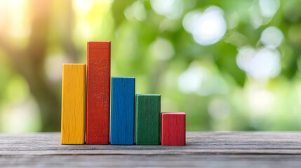 Colorful Wooden Blocks Arranged As A Descending Bar Graph On A Rustic Table Against A Blurred Green Bokeh Background Depicting Business Growth And