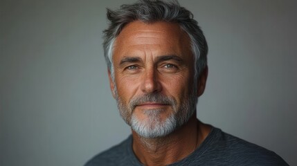 Fototapeta premium smiling mature man in t shirt looking at camera on white background confident gray haired male