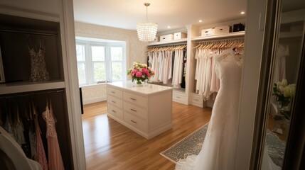 A well appointed walk in closet with many clothes and dresses