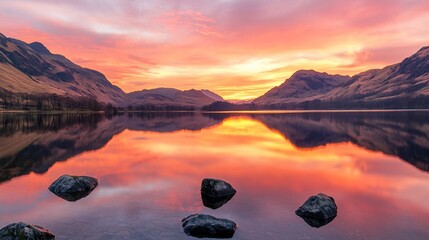 Serene Sunset Reflection Over Calm Lake and Mountains in Autumn