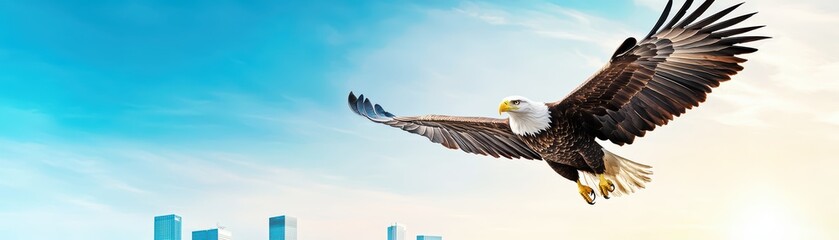 Obraz premium Majestic Eagle Soaring Over a Corporate Skyline with Clear Blue Sky in the Background