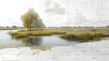 Tranquil marsh landscape overlaid with architectural plans