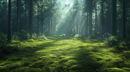 Obraz premium Misty forest path sunlight beams