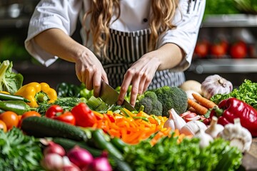 Professional female chef busy chopping vegetables in close-up shot at restaurant kitchen
