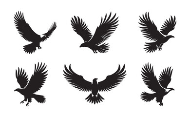 Eagle bird fly wings black soild silhouette bundle isolated on white background, clip art logo icon set