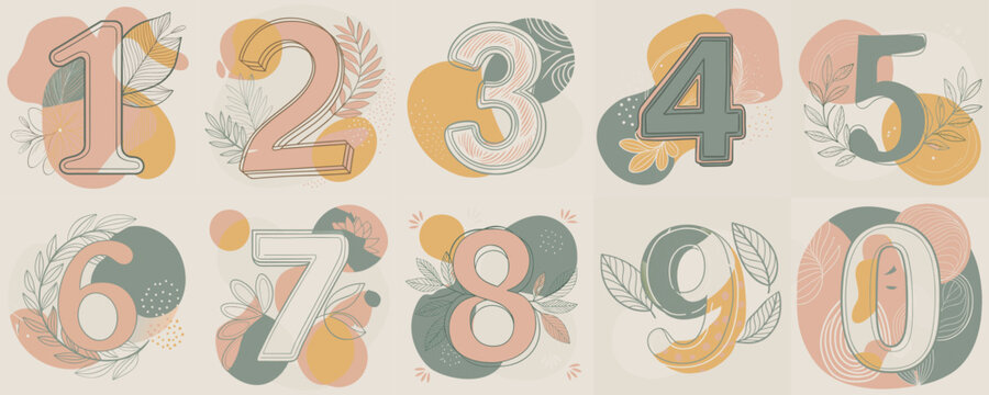 Vector set of numbers one to nine with floral elements on colorful abstract backgrounds and copy space