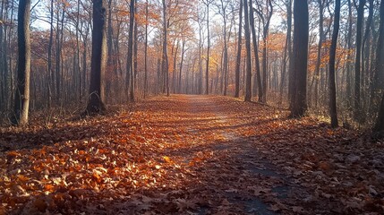 Obraz premium Autumn path through a sunlit forest