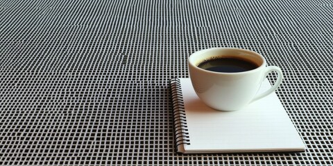 A clean, minimal desk with a cup of coffee beside a notebook, representing the comfort of brainstorming in virtual spaces.