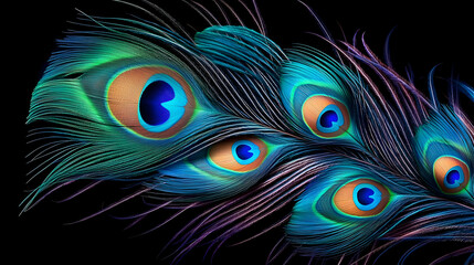 Obraz premium Vibrant Peacock Feathers Close Up Displaying Iridescent Blue Green Teal And Gold Against A Dark Background