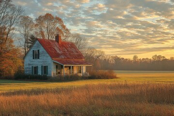 Fototapeta premium Rustic farmhouse at dawn in autumnal field