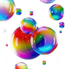 Colorful floating spheres, vibrant rainbow colors, 3D render, abstract composition, dynamic arrangement