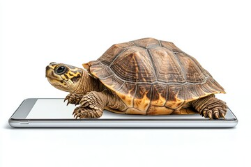 Fototapeta premium High-Tech Turtle on Smartphone Display Represents Slow but Steady Progress in Technology