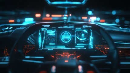 The futuristic vehicle dashboard shows digital displays with blue lights