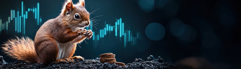 Obraz premium Squirrel Making Investments in Financial Market with Graph Background and Stacks of Coins