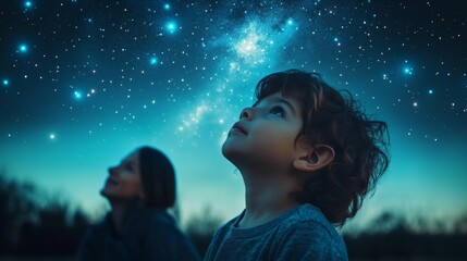 Child and adult gazing at a starry night sky
