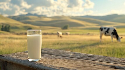 Milk glass on table with cows grazing in the background, grassy hills scenery