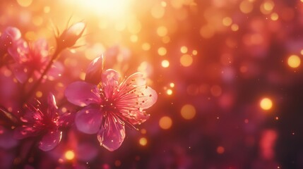 A dreamy close-up of cherry blossoms glowing in warm golden sunlight with a magical bokeh effect. Soft pink petals create a romantic and ethereal floral scene