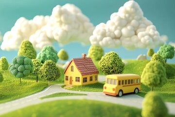 Toy School Bus Approaching Small Yellow House Amidst Green Trees