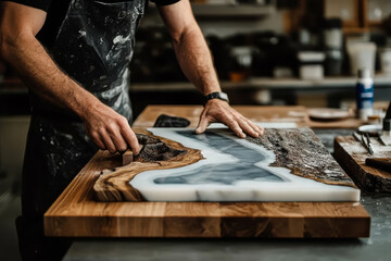 man making wooden cutting board with epoxy resin