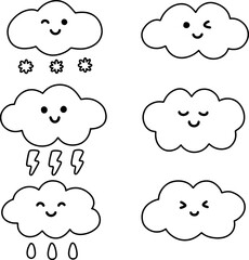 Cute mushroom, flowers, ribbon, cloud coloring page illustration, black white outline coloring book for kids