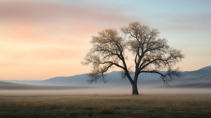 Obraz premium Serene sunrise landscape with single tree in misty field fog sky calm dawn blue rural light grass