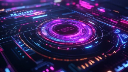 A futuristic technological interface displaying glowing digital data and circles