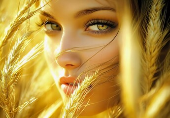 Beautiful Woman in a Golden Barley Field: Close-Up with Natural Skincare Ingredients and Sunlight Big Size
