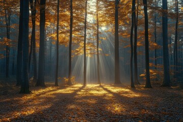 Golden autumn forest sunrise with sunbeams in misty woods