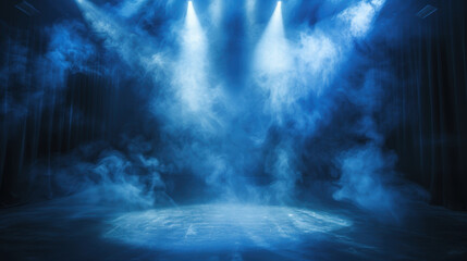 Dramatic stage with blue spotlight illuminating smoke filled atmosphere