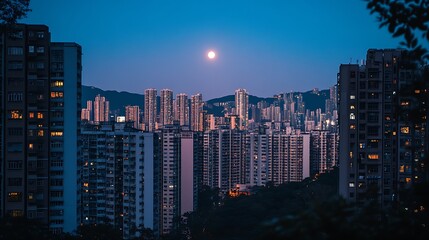 Naklejka premium Night cityscape with full moon over high-rise buildings and mountains.