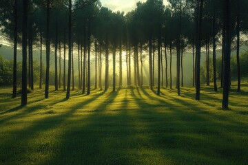 Obraz premium Sunrise through misty pine forest casting shadows on grassy meadow