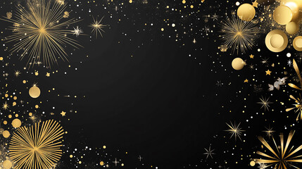 Elegant black background with gold fireworks and stars festive design new art year card dark party