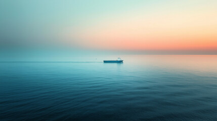 Fototapeta premium Container Ship Gliding Over Tranquil Waters at Sunset, Aerial Perspective, Golden Horizon Illumination
