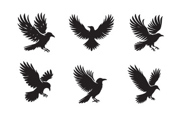 Crow bird black soild silhouette bundle isolated on white background, clip art logo icon set