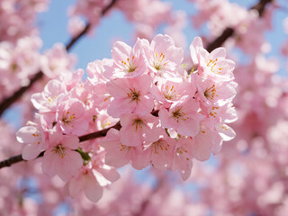Obraz premium Delicate pink blossoms cluster on a branch against a soft blue sky, epitomizing the beauty of springtime.