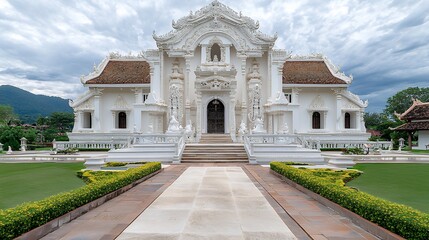 Obraz premium Ornate White Temple with Intricate Carvings and Lush Green Lawns