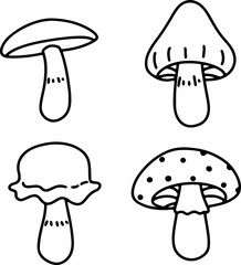 Cute mushroom, flowers, ribbon, cloud coloring page illustration, black white outline coloring book for kids