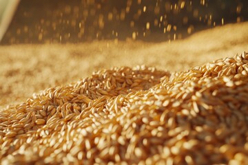 Obraz premium Close-up of wheat grains and stalks in golden field. AI generative