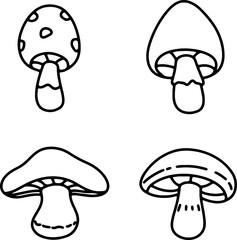 Cute mushroom, flowers, ribbon, cloud coloring page illustration, black white outline coloring book for kids
