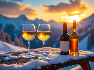 Golden wine glasses in the snow at Alpine sunset, wooden table, serene winter wine scene with snow-covered mountains