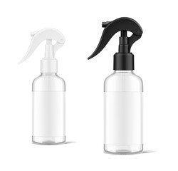 Realistic clear spray plastic bottle with label mockup. Vector illustration isolated on white background. Сan be used for cosmetic, medical, sanitary and other needs. EPS10.